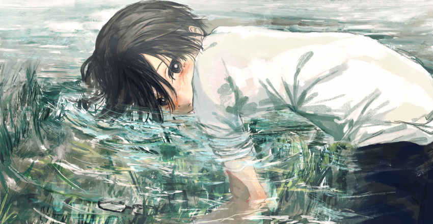 1boy, absurdres, afloat, black_eyes, black_hair, black_pants, blush, bright_pupils, glasses, grass, hair_between_eyes, highres, kanda_kou_(kani_yakiniku), male_focus, original, pants, partially_submerged, ripples, shirt, short_sleeves, solo, turning_head, unworn_eyewear, white_pupils, white_shirt
