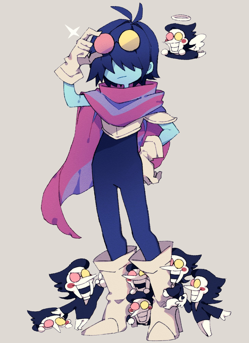 1other, 2525nicc, 6+boys, angel_wings, black_hair, black_shirt, blue_hair, blue_skin