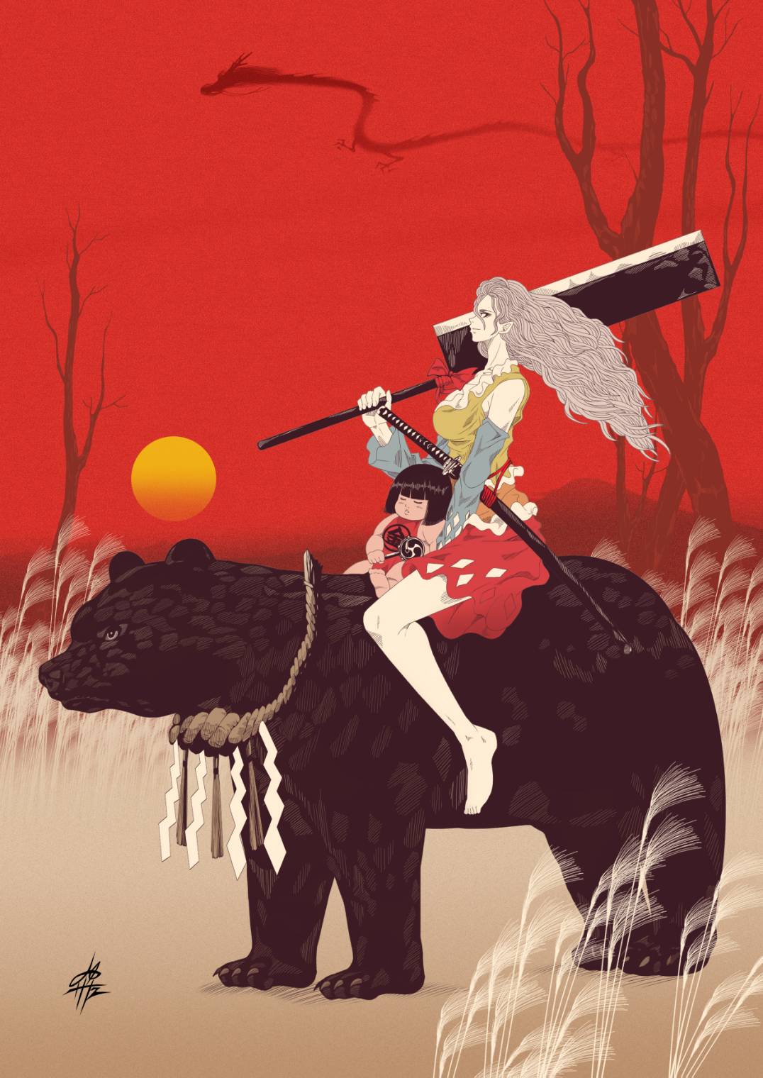 1girl, bare_shoulders, barefoot, bear, blue_sleeves, cleaver, dragon, dress