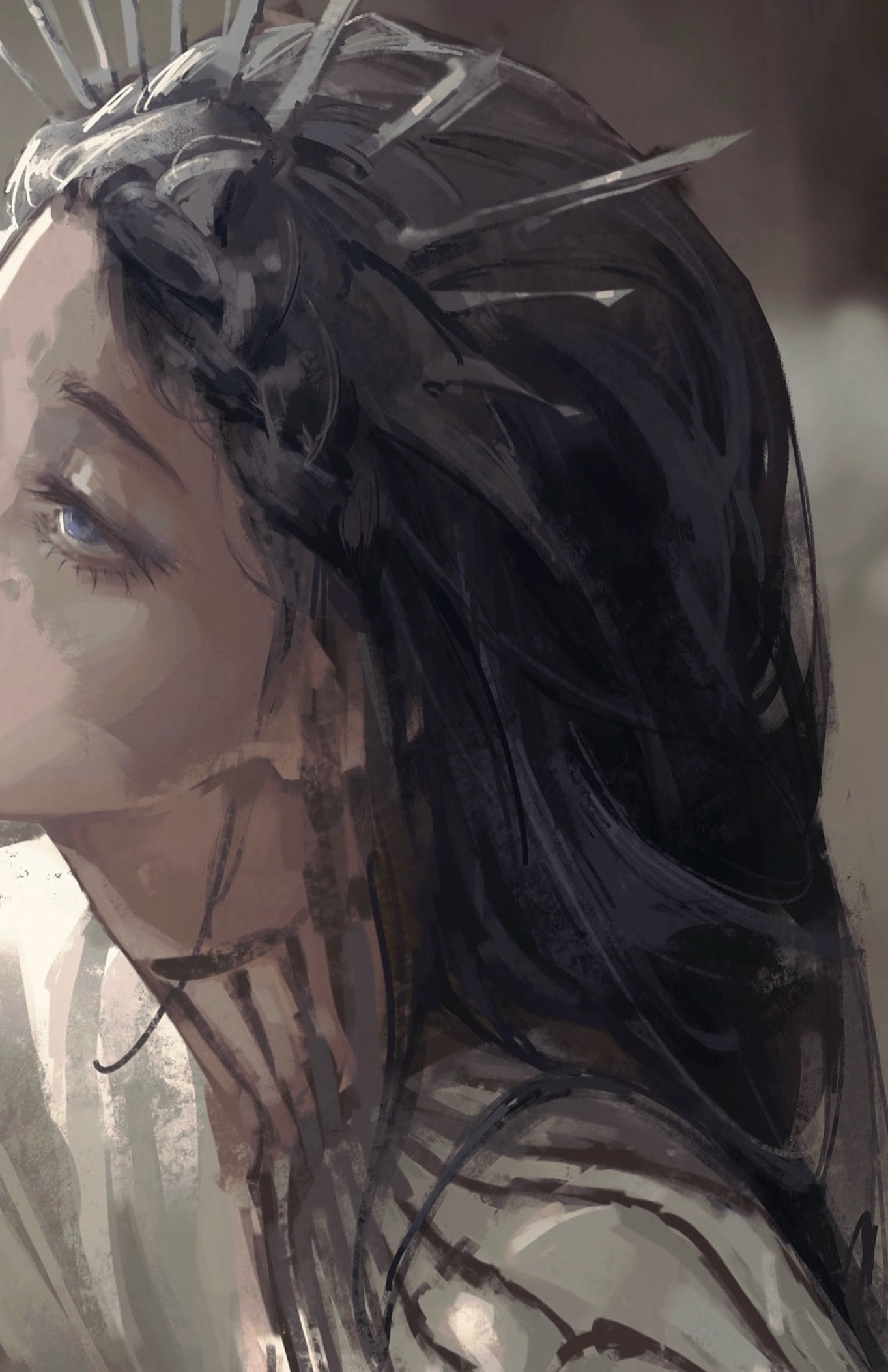 1girl, ado_(utaite), black_hair, blue_eyes, braid, chando_(ado), commentary, crown