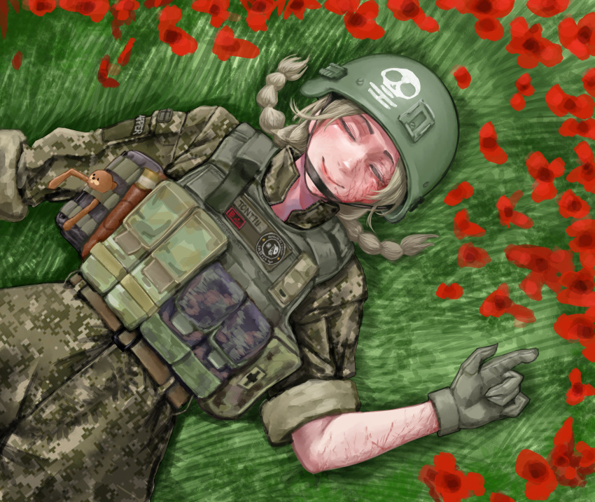 1girl, absurdres, ammunition_pouch, blonde_hair, blood_type, bulletproof_vest, camouflage, camouflage_jacket, camouflage_pants, closed_eyes, combat_helmet, commission, digital_camouflage, english_commentary, field, finnish_flag, finnish_text, flag_patch, flower, from_above, gloves, gondola_(meme), green_helmet, helmet, highres, jacket, load_bearing_vest, lying, m4skedboi, meme, military, military_uniform, mm14, original, pants, patch, poppy_(flower), pouch, russo-ukrainian_war, scar, scar_on_arm, scar_on_face, shoulder_patch, smile, soldier, spurdo_sparde, ukraine