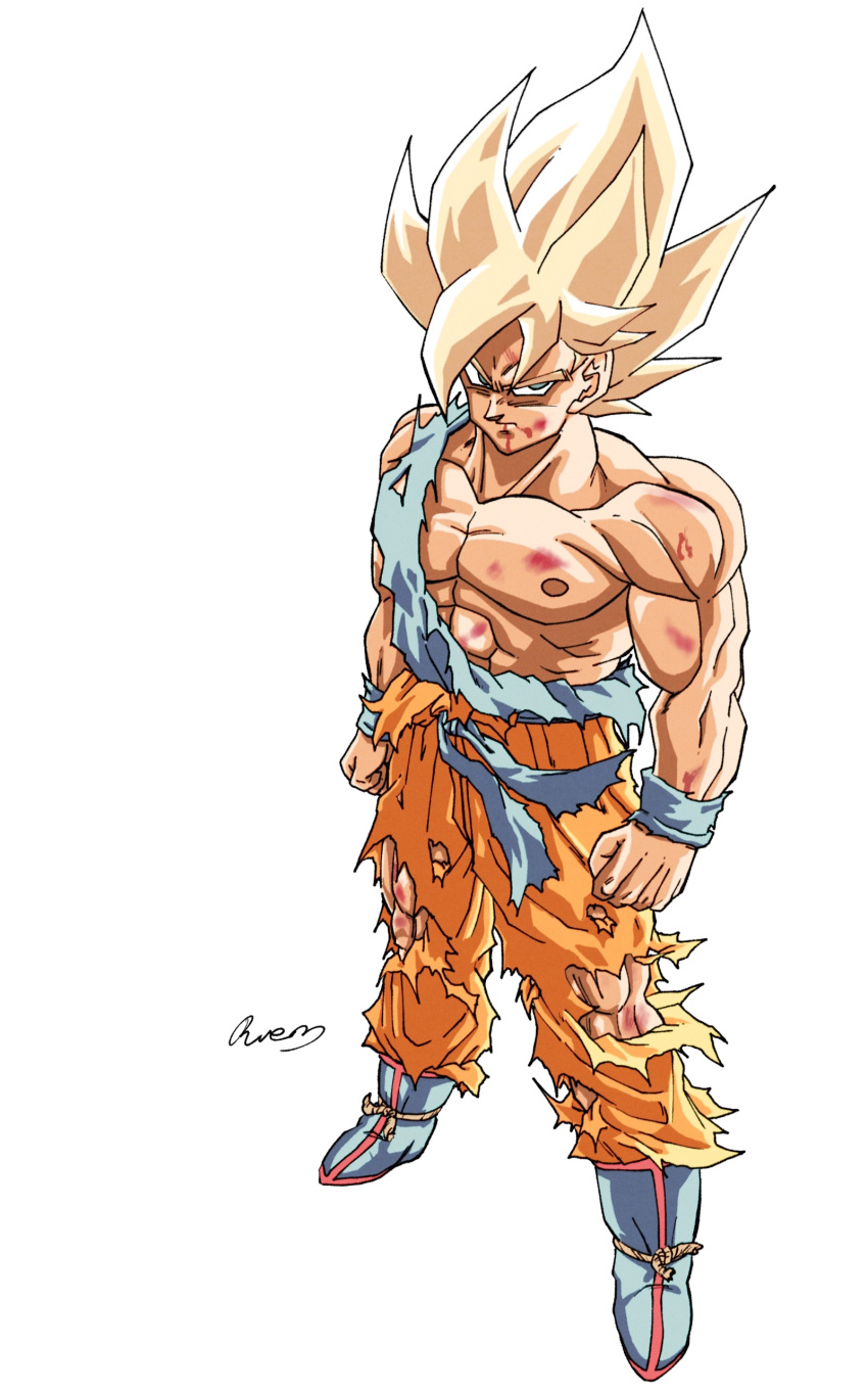 1boy, abs, absurdres, blonde_hair, blood, blood_from_mouth, blue_boots, blue_sash, blue_shirt, blue_wrist_cuffs, boots, clenched_hands, dragon_ball, dragon_ball_z, green_eyes, highres, male_focus, medium_hair, muscular, muscular_male, orange_pants, pants, ruemr03190_0, sash, shirt, simple_background, solo, son_goku, spiky_hair, super_saiyan, super_saiyan_1, torn_clothes, torn_pants, torn_shirt, white_background, wrist_cuffs