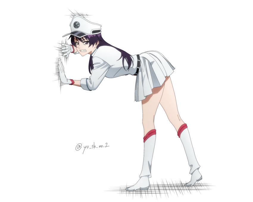 1girl, against_wall, bambietta_basterbine, belt, bleach, boots, clenched_teeth, gloves