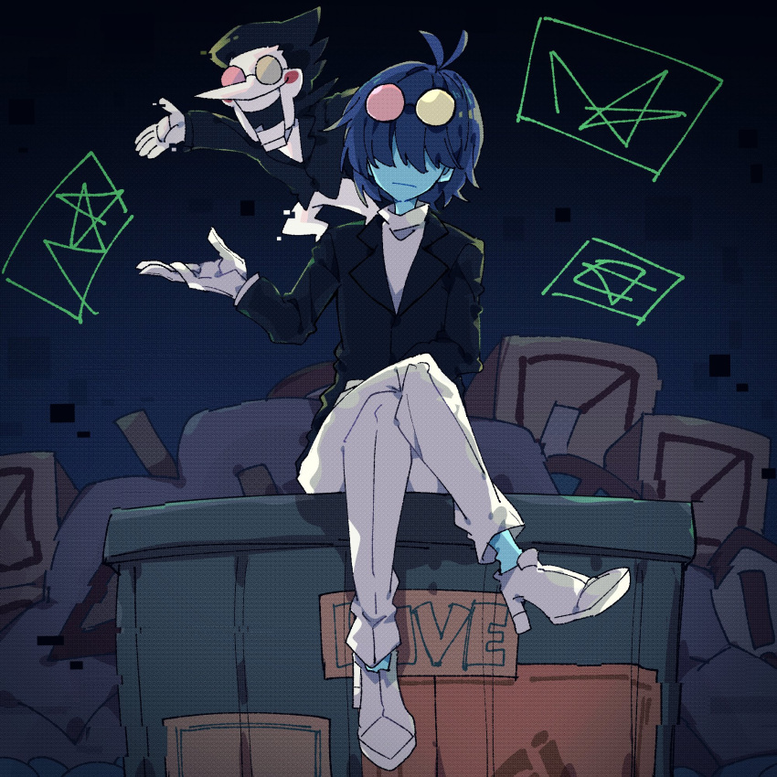 1boy, 1other, 2525nicc, black_hair, black_jacket, blue_hair, blue_skin, circle_facial_mark