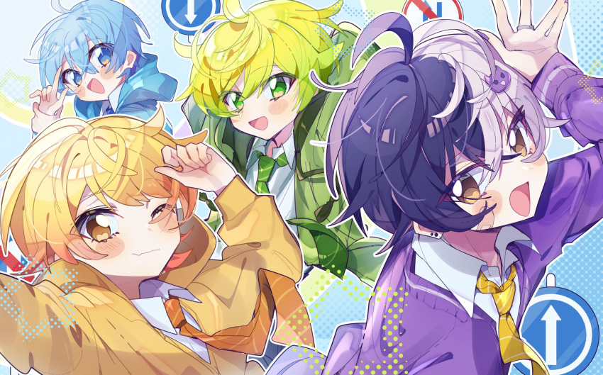 4boys, ahoge, akkiy_(amptakxcolors), amptakxcolors, arm_up, arrow_(symbol), black_hair, blonde_hair