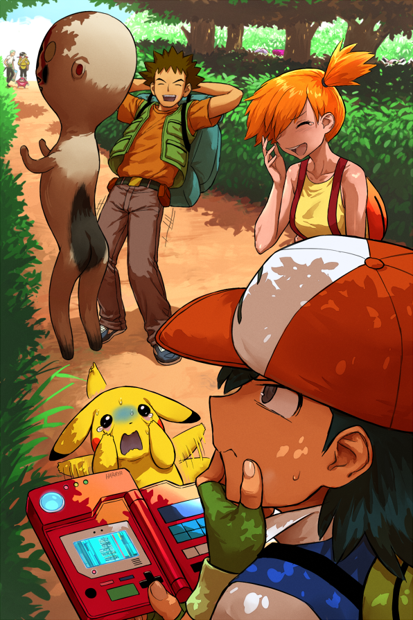 2girls, 5boys, :d, ^_^, afterimage, ash_ketchum, ass, backpack