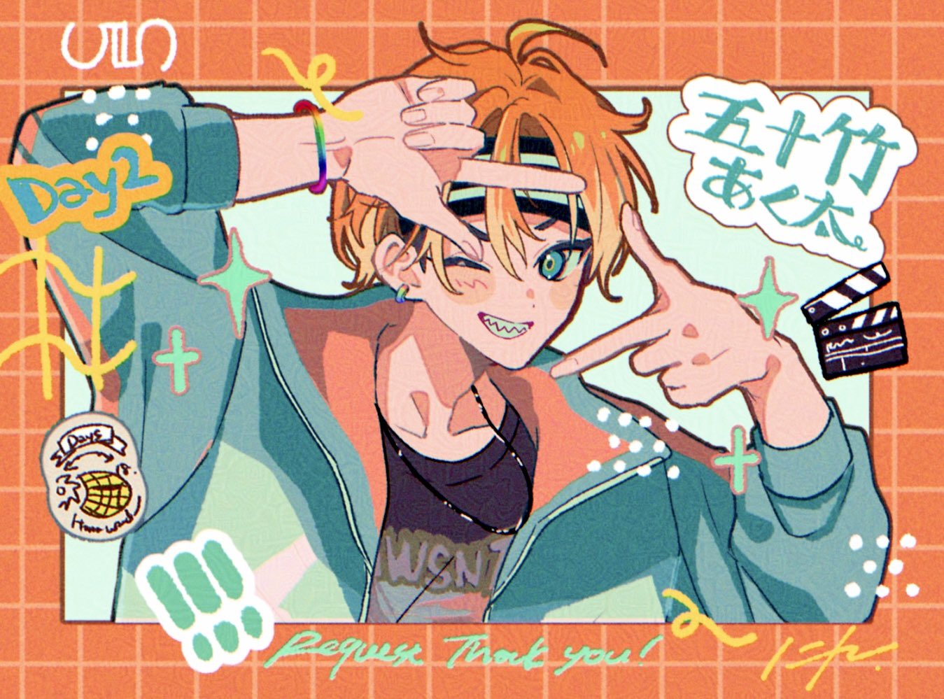 18trip, 1boy, 68nr, ahoge, aqua_jacket, blue_eyes, blush_stickers, clapperboard