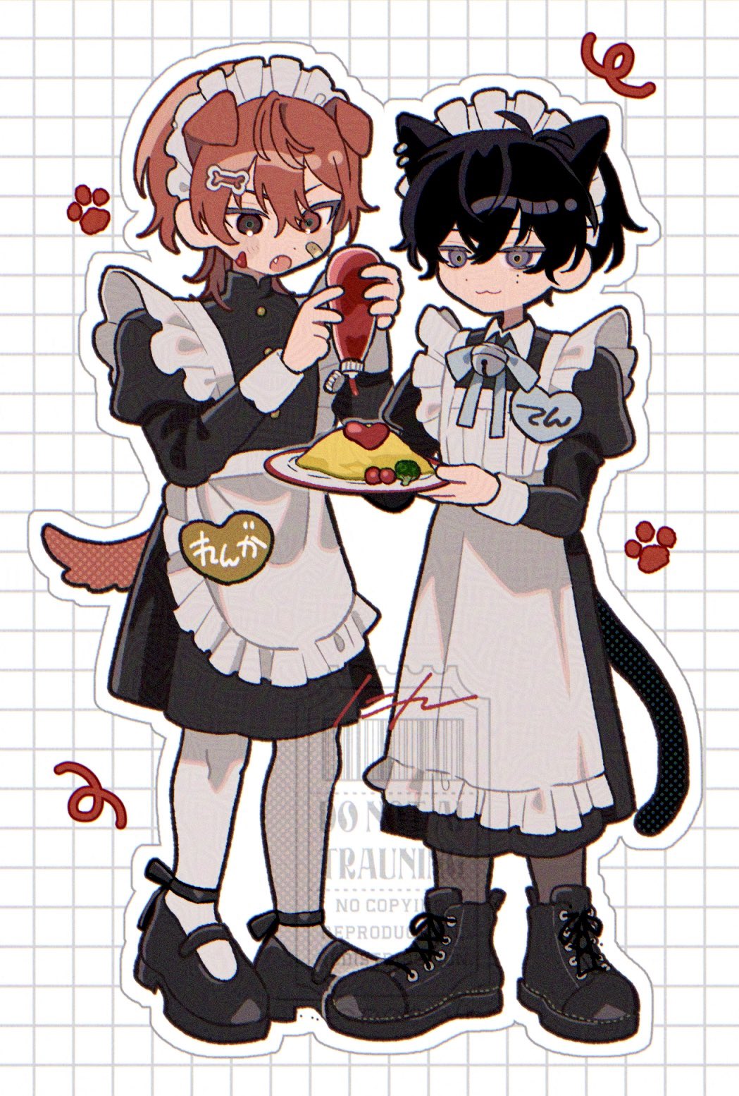 18trip, 2boys, 68nr, animal_ears, apron, bandaid, bandaid_on_face, bell
