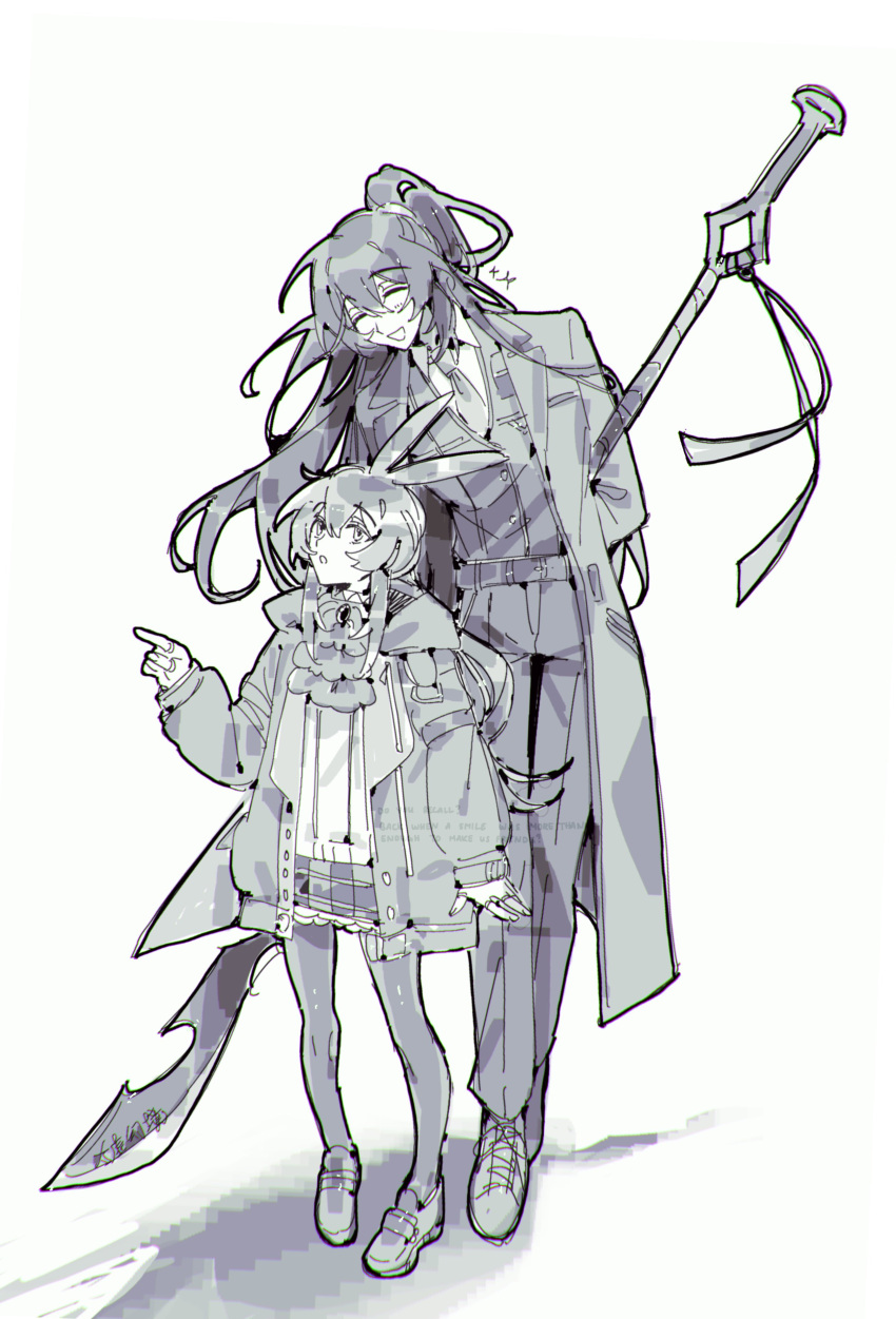 1boy, 1girl, absurdres, amiya_(arknights), animal_ears, arknights, coat, greyscale