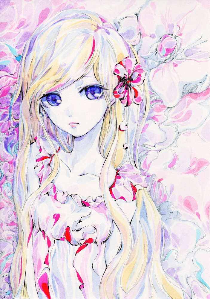 blue_eyes, charmal, collarbone, dress, flower, lips, long_hair, original