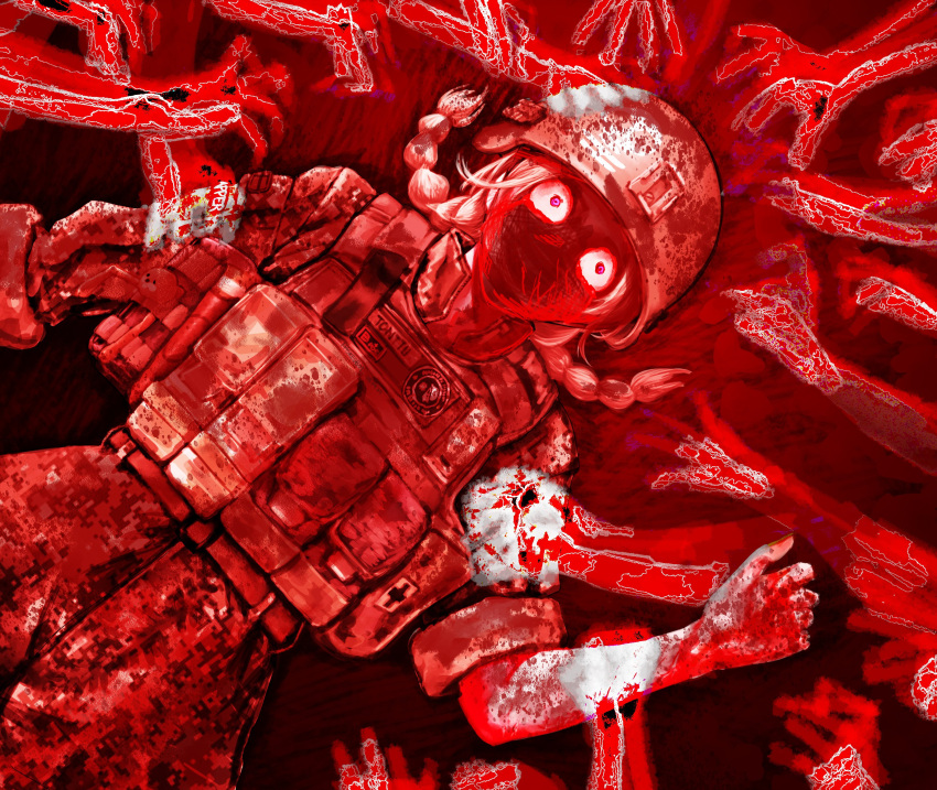 1girl, absurdres, ammunition_pouch, blonde_hair, blood, blood_on_face, blood_type, bulletproof_vest