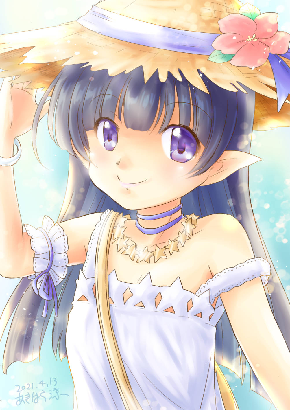 1girl, akihara_ryou, armband, artist_name, bag, black_hair, blue_choker, blue_ribbon