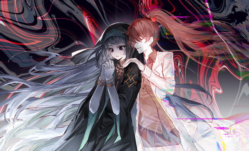 2girls, arknights, bochishiraita, brown_hair, carmen_(project_moon), coat, distortion, high_ponytail, highres, lab_coat, limbus_company, long_hair, mayors_(project_moon), multiple_girls, ponytail, project_moon, robe, white_hair