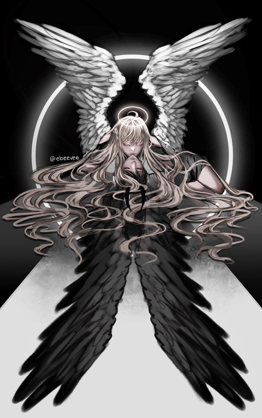 1girl, 1other, ahoge, angel_and_devil, arms_behind_back, black_dress, black_wings, blonde_hair