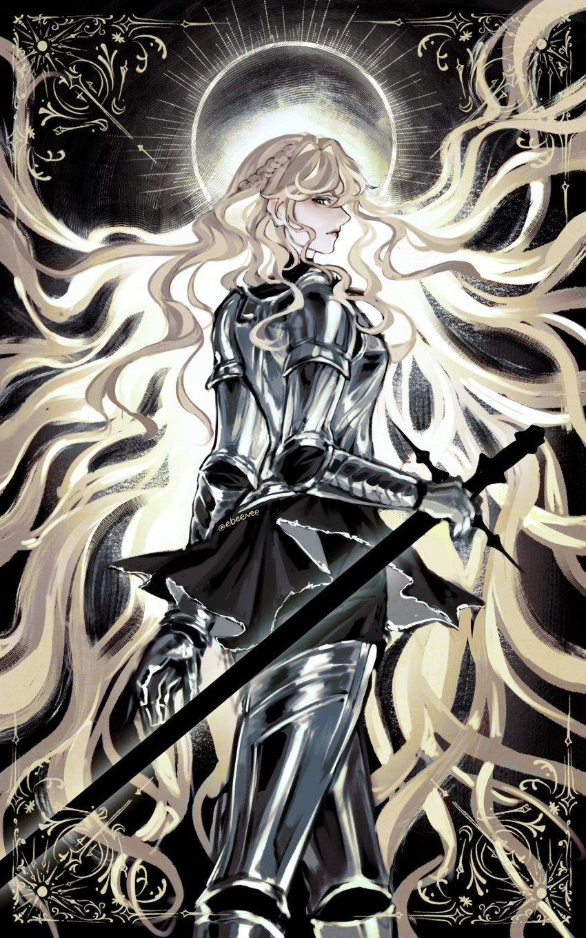 1girl, armor, black_skirt, blonde_hair, blue_eyes, border, braid, eclipse