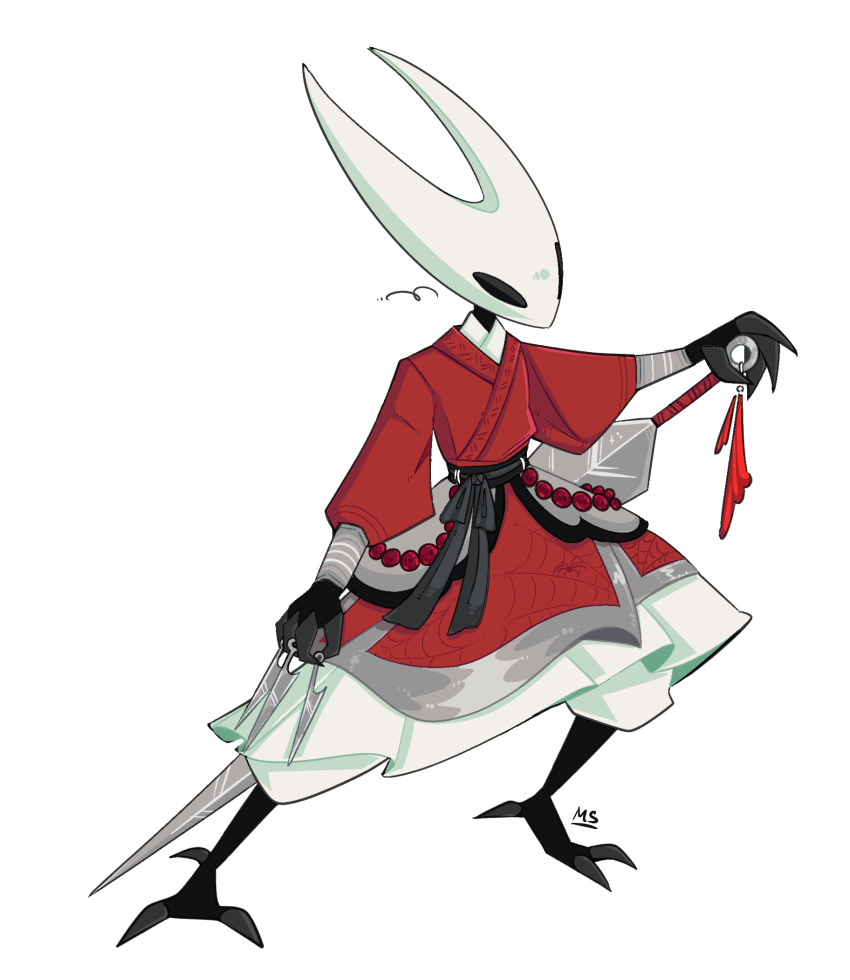 1girl, alternate_costume, arthropod_girl, between_fingers, clothing_request, commentary, english_commentary, full_body, highres, holding, holding_knife, hollow_eyes, hollow_knight, hollow_knight:_silksong, horned_mask, hornet_(hollow_knight), knife, knives_between_fingers, liu_phrog, long_sleeves, mask, needle_(hollow_knight), signature, simple_background, solo, spider_web_print, throwing_knife, tool_(hollow_knight), weapon, white_background, white_mask