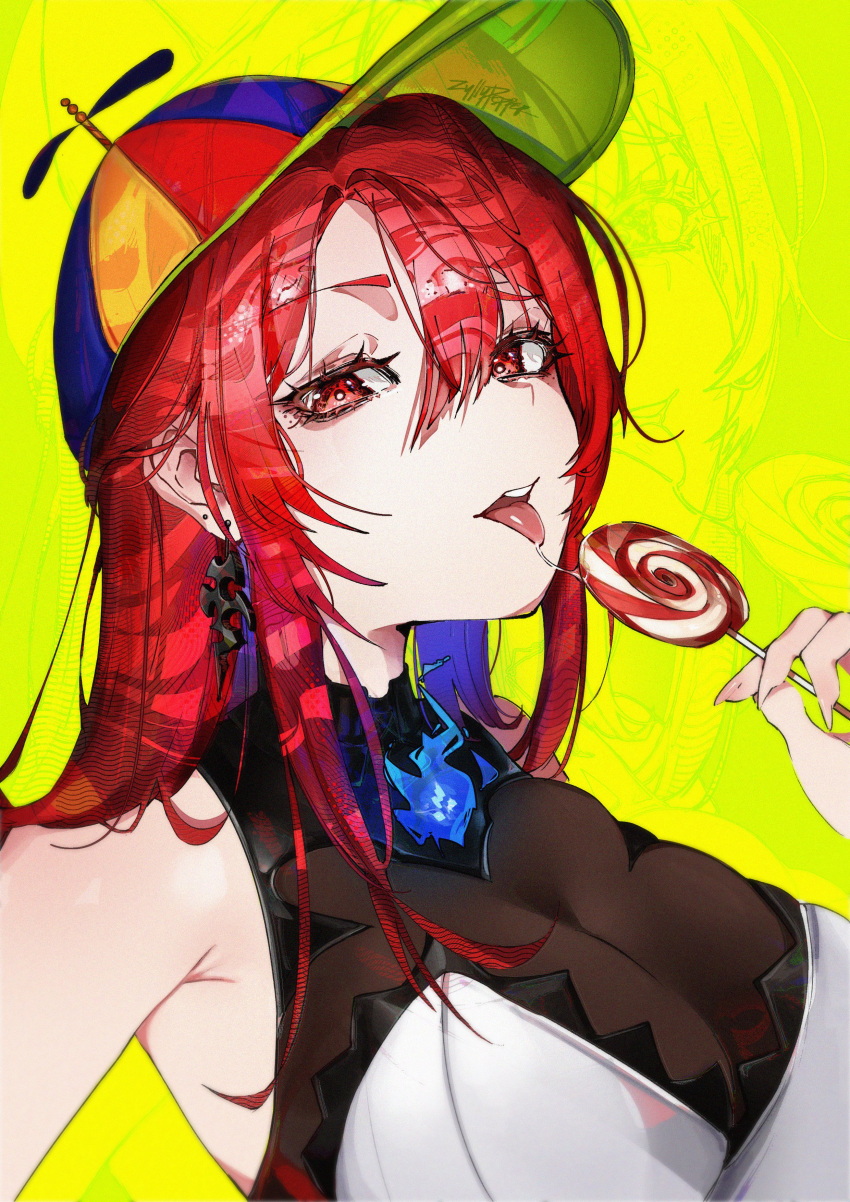 1girl, absurdres, blue_fire, breasts, candy, commentary, commission, earrings