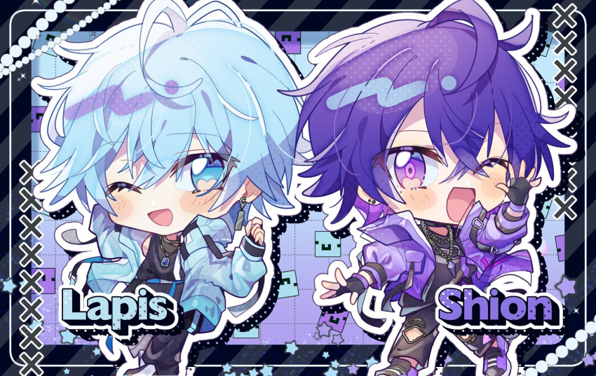 2boys, arm_up, black_gloves, blue_eyes, blue_hair, blue_jacket, blush_stickers, chain