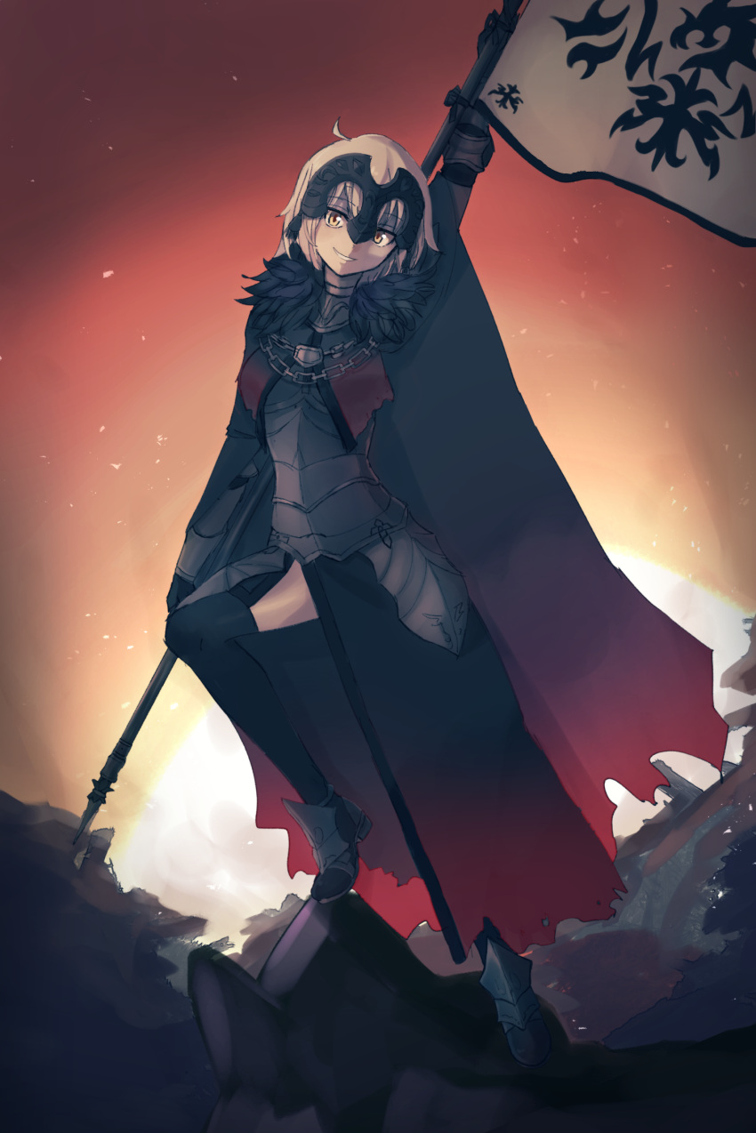 1girl, arm_up, armor, armored_dress, battle_standard, black_armor, black_boots, black_cape