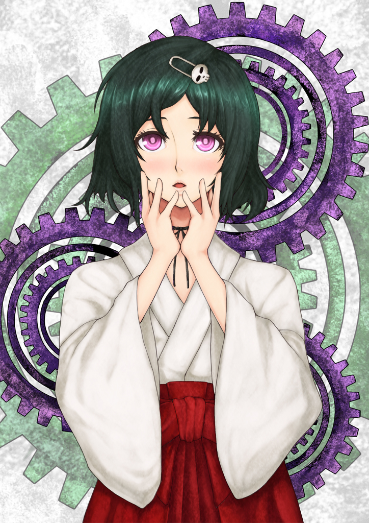 blush, gears, hair_ornament, hairclip, japanese_clothes, male, miko, open_mouth