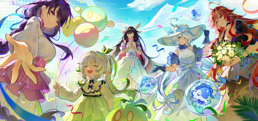 5girls, :d, ^_^, ahoge, alternate_costume, balloon, bare_shoulders, black_choker