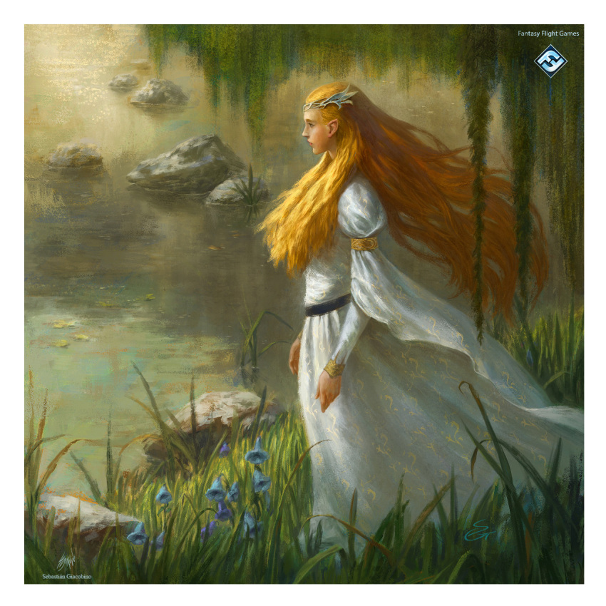 1girl, armlet, artist_logo, artist_name, blonde_hair, blue_flower, border, closed_mouth, commentary, dress, elf, english_commentary, flower, galadriel, gold_armlet, grass, highres, jewelry, lake, logo, long_grass, long_hair, nature, outdoors, pointy_ears, queen, rock, scenery, sebastian_giacobino, signature, solo, standing, the_lord_of_the_rings, tolkien's_legendarium, tree, wavy_hair, white_border, white_dress