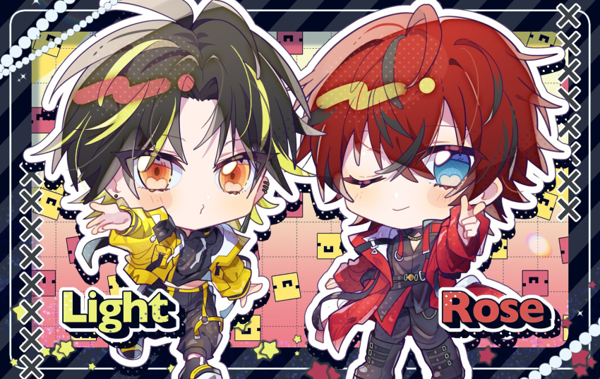 2boys, black_hair, black_shirt, blowing_kiss, blue_eyes, character_name, chibi, chibi_only