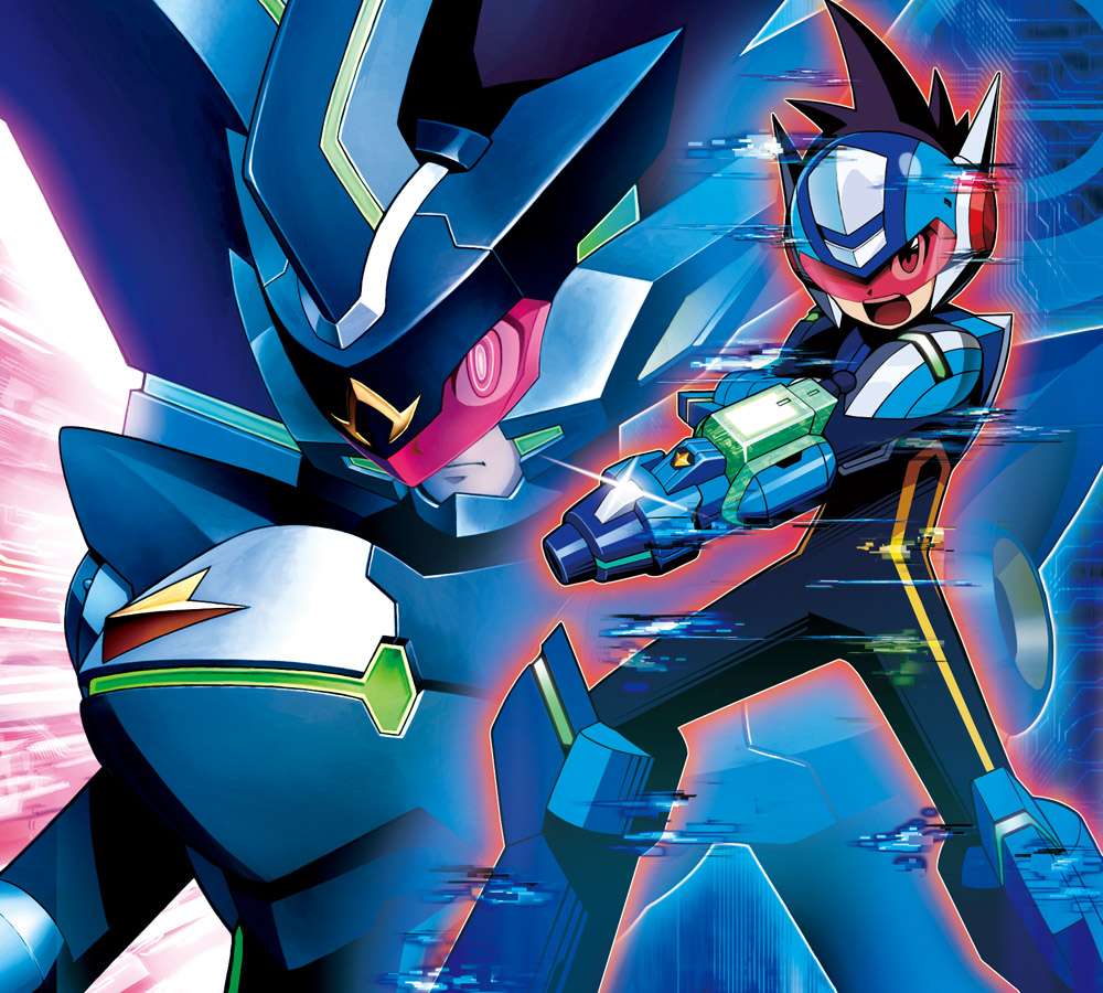1boy, arm_cannon, black_ace_(mega_man), blue_bodysuit, blue_helmet, bodysuit, cowboy_shot, geo_stelar_(mega_man)