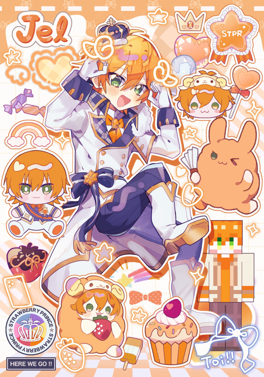 1boy, absurdres, blue_pants, blush_stickers, boots, bow, character_name, commentary