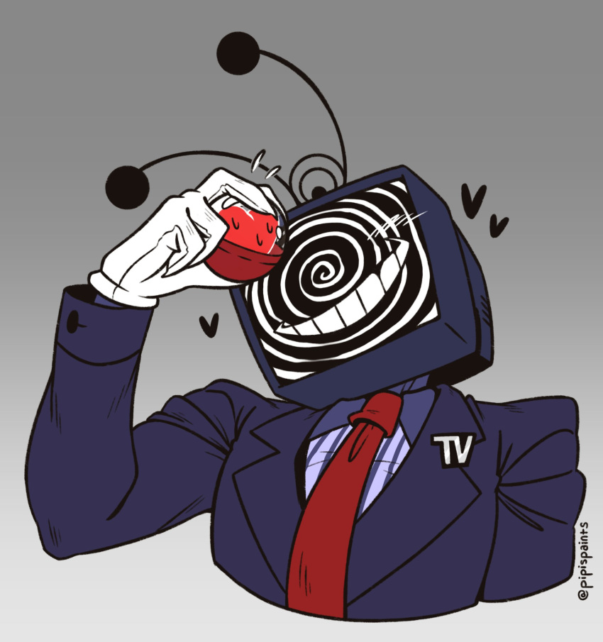 1boy, alternate_universe, ant_tenna, arm_up, black_jacket, blush, collared_shirt, cropped_torso, crt, defernull, deltarune, english_commentary, flying_sweatdrops, gashapon, gloves, grey_background, heart, highres, hypnosis, jacket, looking_at_another, male_focus, mind_control, necktie, object_head, pinstripe_pattern, pinstripe_shirt, pipispaints, radio_antenna, red_necktie, shirt, smile, soul_(deltarune), sweat, swirl, teeth, twitter_username, utdr_(toby_fox), white_gloves