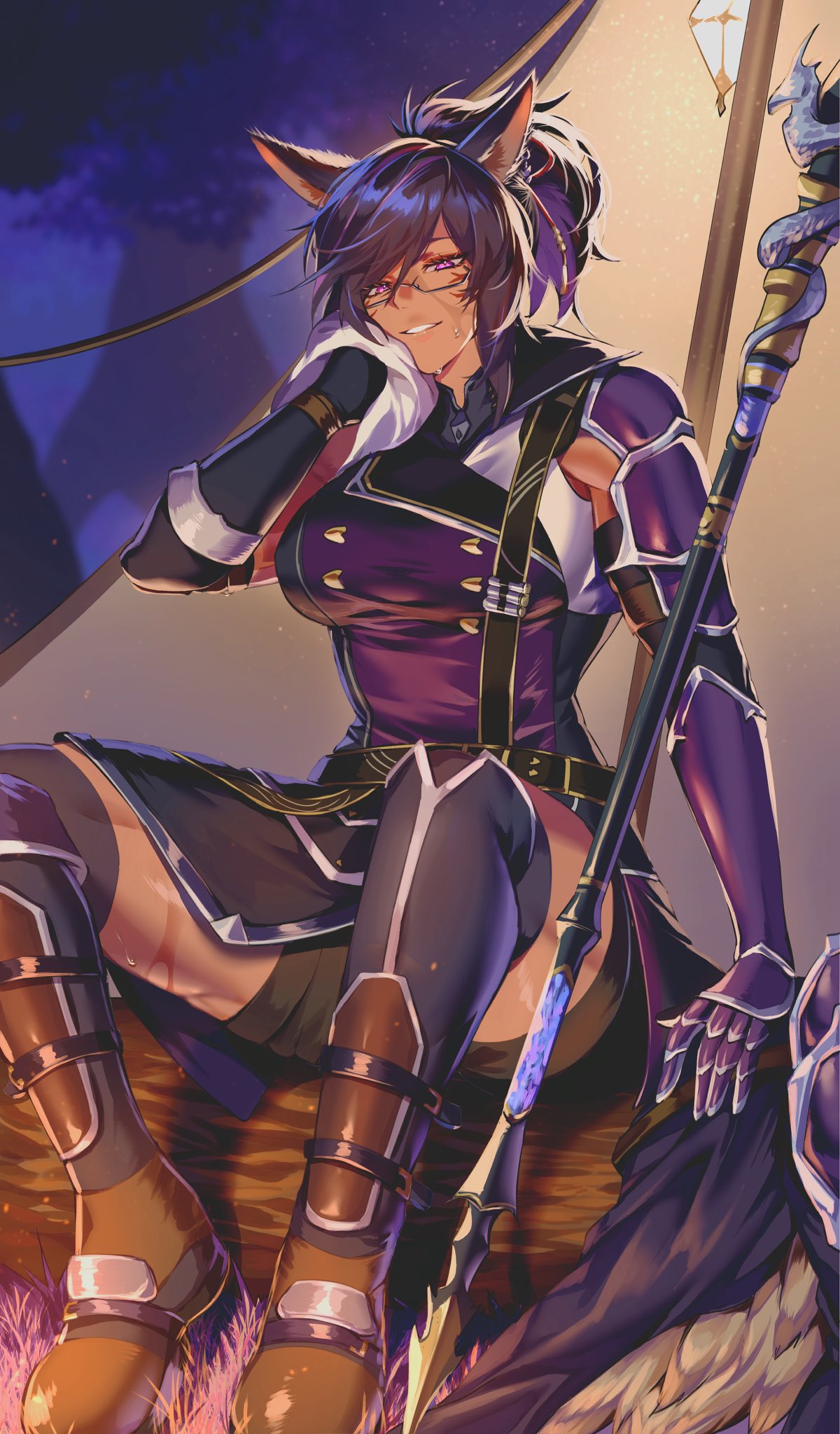 1girl, animal_ears, arm_tattoo, armor, armored_gloves, asymmetrical_jacket, black-framed_eyewear, black_hair