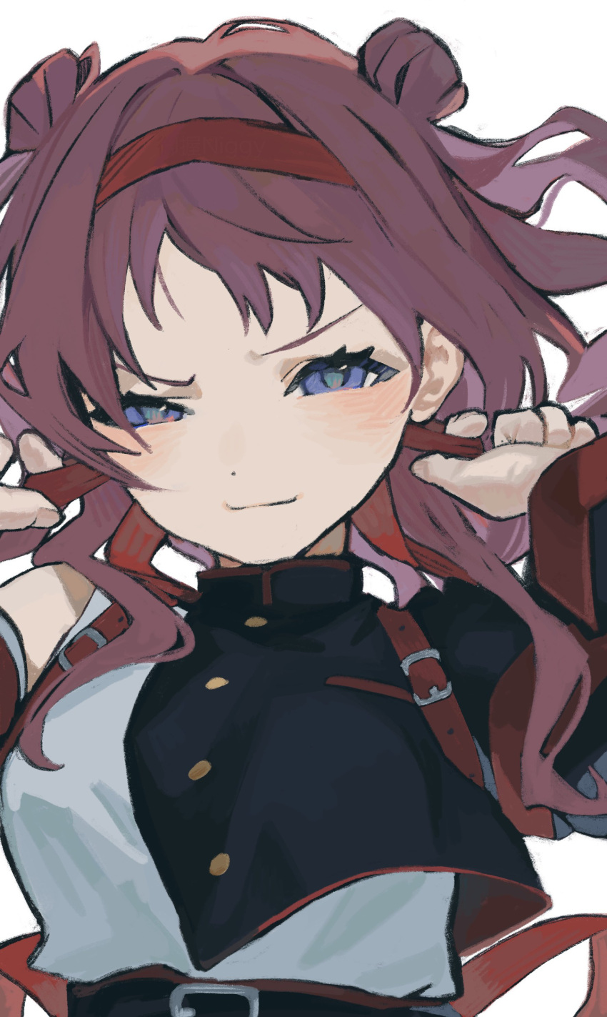 1girl, absurdres, arm_belt, arms_up, belt, blue_eyes, blush, brown_hair