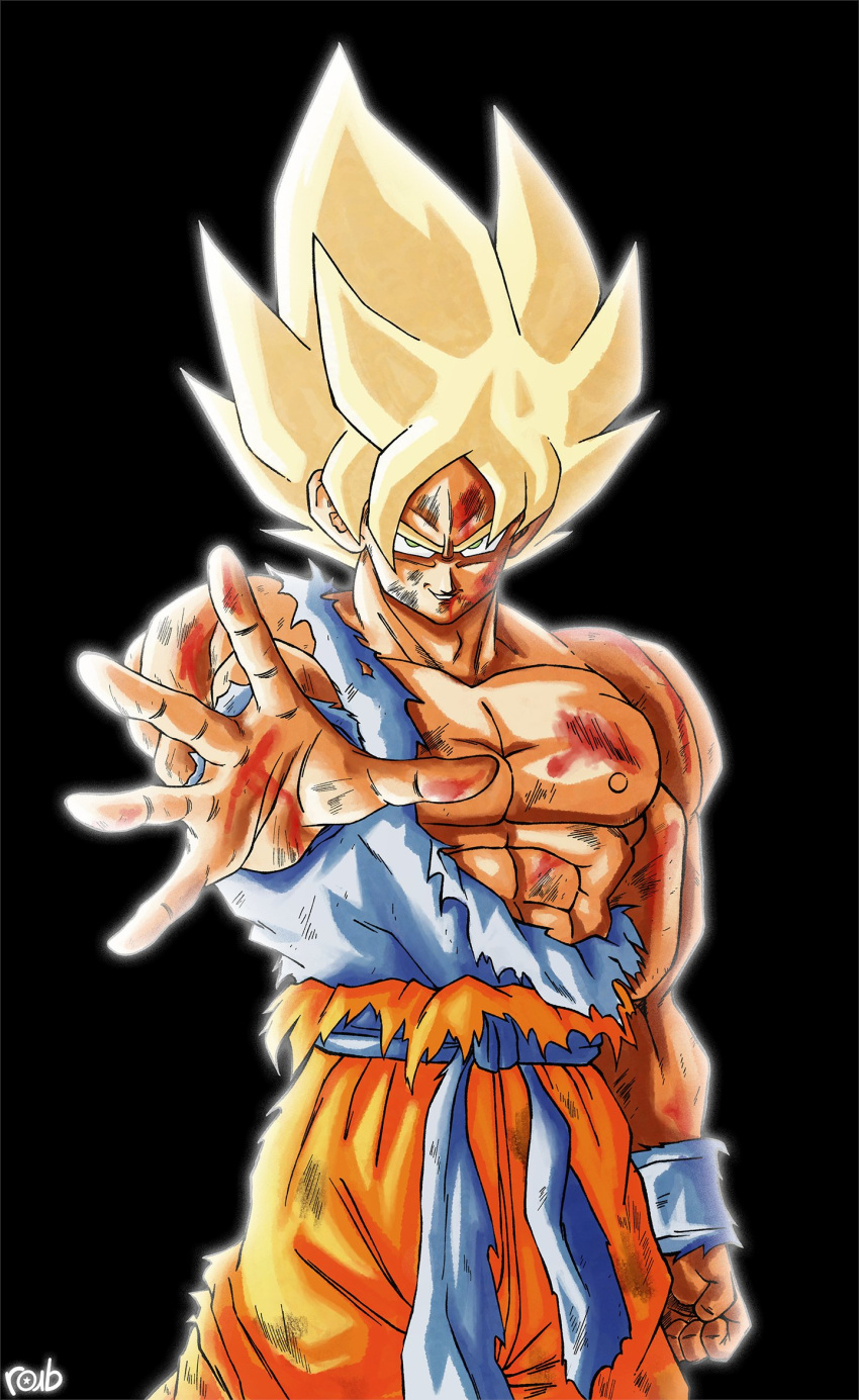 1boy, abs, blonde_hair, blue_shirt, cowboy_shot, dragon_ball, dragon_ball_z, green_eyes, highres, male_focus, medium_hair, muscular, muscular_male, orange_pants, pants, roub3d, shirt, solo, son_goku, spiky_hair, super_saiyan, super_saiyan_1, torn_clothes, torn_shirt