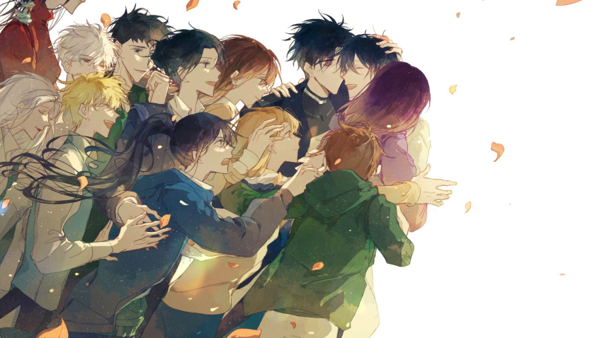 6+boys, 6+girls, :d, absolutely_everyone, annotated, black_coat, black_eyes, black_hair
