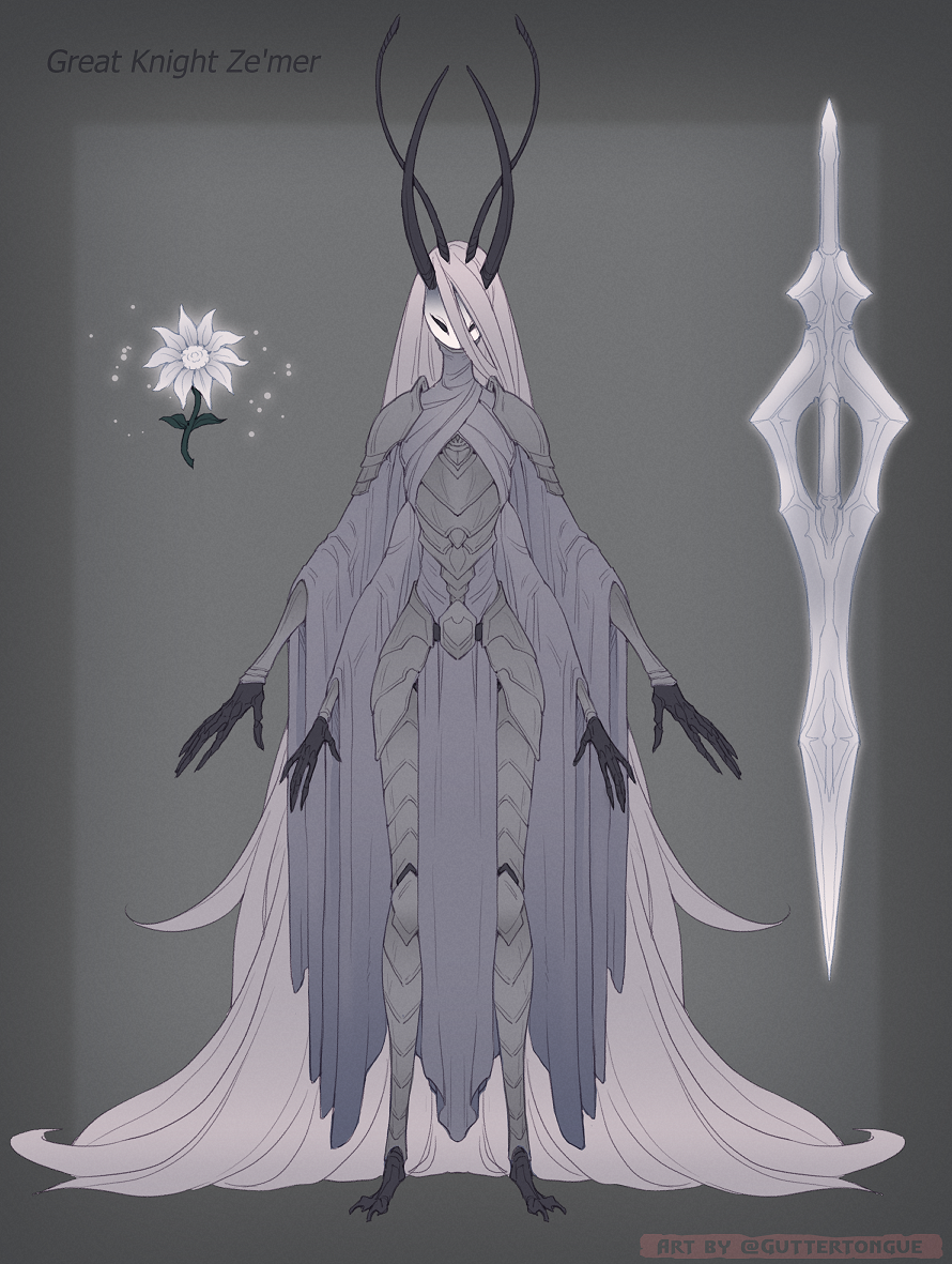 1girl, absurdly_long_hair, armor, arthropod_girl, artist_name, breastplate, character_name, commentary, delicate_flower_(hollow_knight), english_commentary, extra_arms, flower, full_body, grey_hair, grey_mourner_(hollow_knight), guttertongue, hollow_knight, long_hair, looking_at_viewer, shoulder_armor, solo, sword, very_long_hair, weapon, white_flower, white_mask