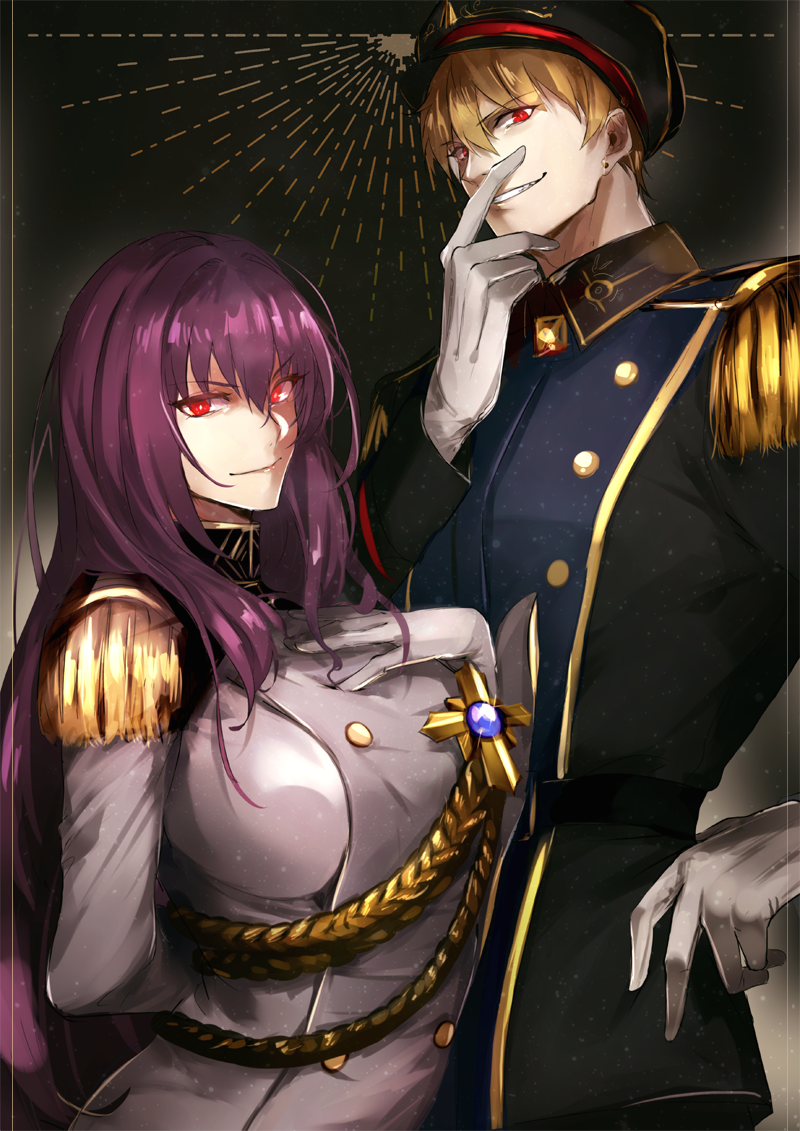 1boy, 1girl, aiguillette, arm_behind_back, belt, black_background, black_belt, black_hat