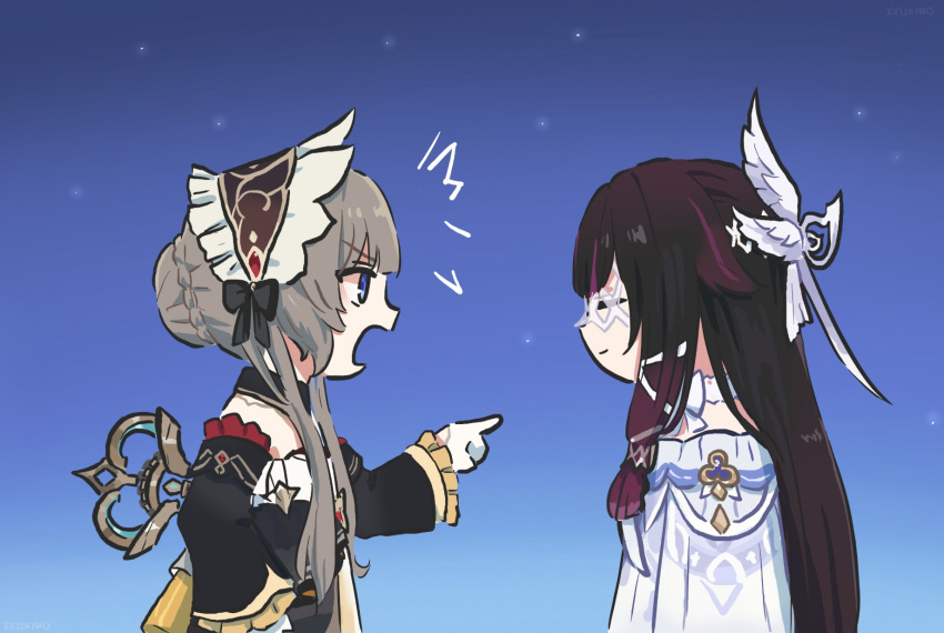 1girl, automaton_(object), black_dress, black_hair, brown_hair, closed_eyes, closed_mouth, columbina_(genshin_impact)
