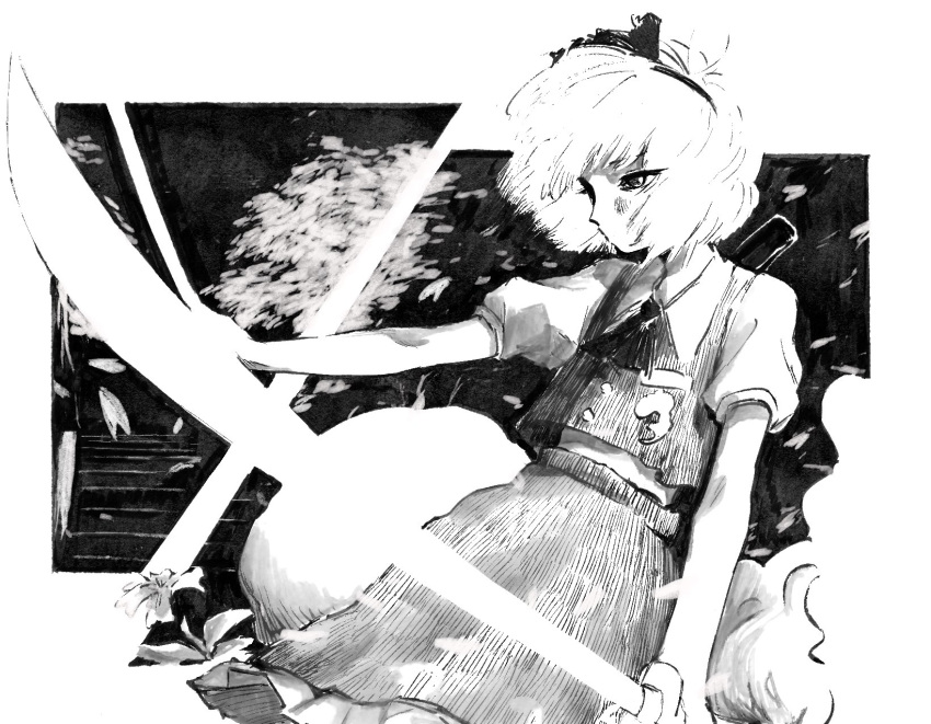 1girl, black_neckerchief, cherry_blossoms, commentary_request, dual_wielding, expressionless, falling_petals, flower