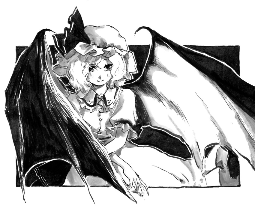 1girl, bat_wings, blush, closed_mouth, dress, hat, highres, mob_cap