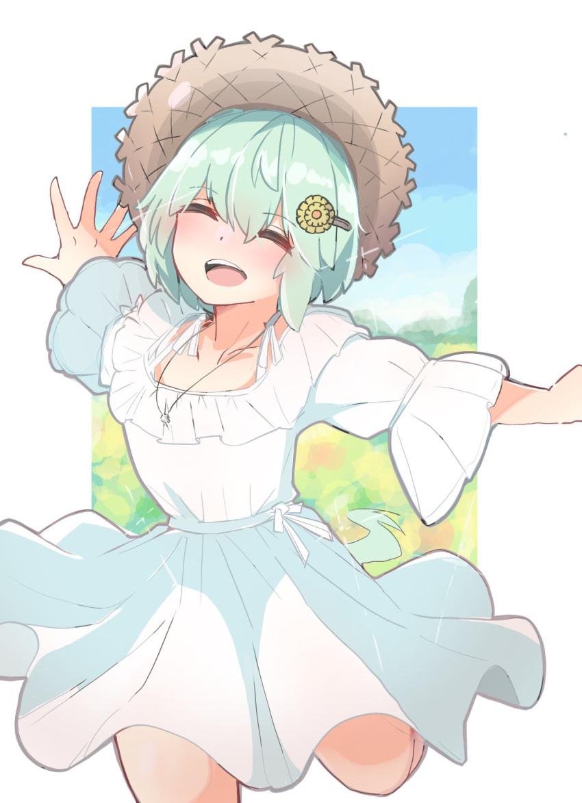1girl, :d, ^_^, animal_ears, blue_sky, brown_hat, closed_eyes, clouds