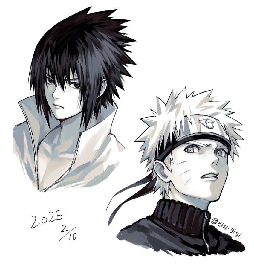 2boys, closed_mouth, commentary_request, cropped_shoulders, dated, enu_gigi, facial_mark, forehead_protector, greyscale, highres, konohagakure_symbol, male_focus, monochrome, multiple_boys, naruto_(series), short_hair, simple_background, twitter_username, uchiha_sasuke, uzumaki_naruto, whisker_markings, white_background, zipper, zipper_pull_tab