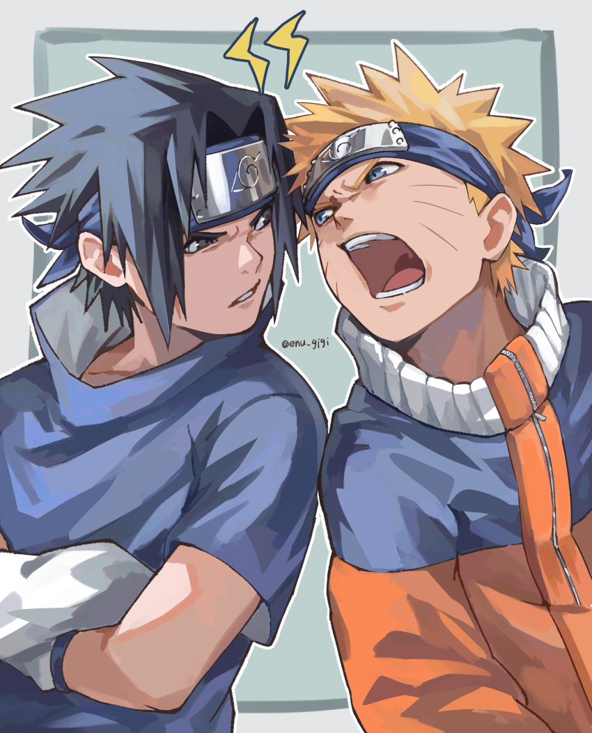2boys, absurdres, black_eyes, black_hair, blonde_hair, blue_eyes, commentary, crossed_arms