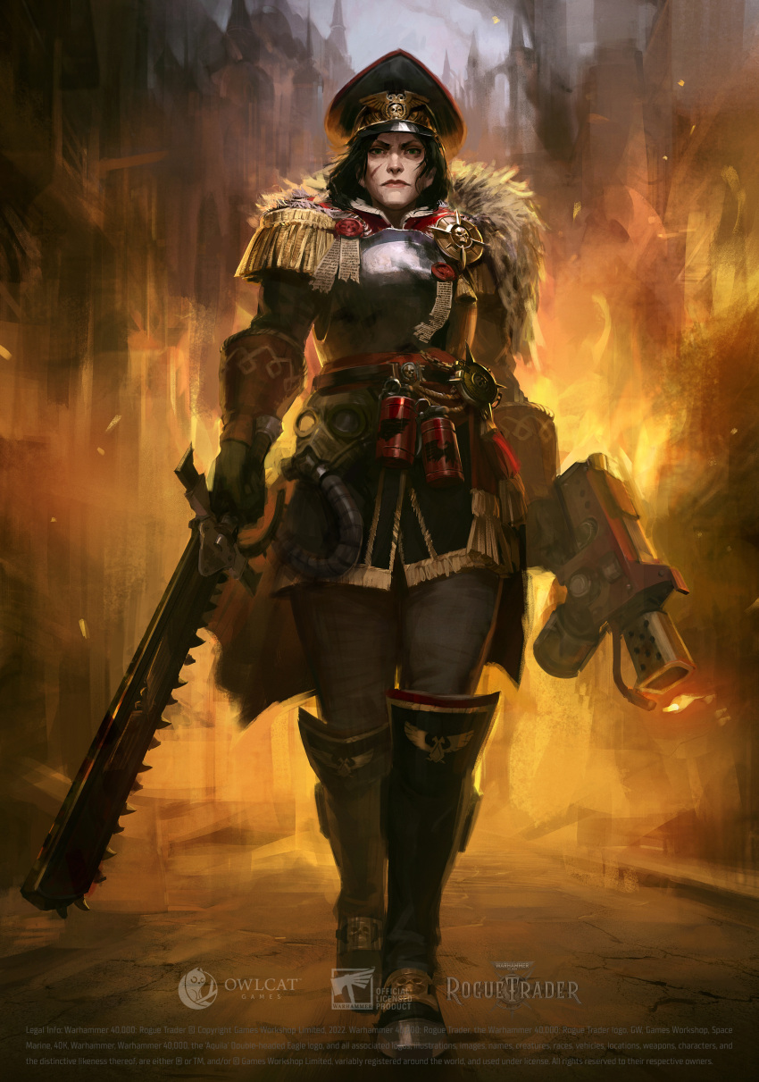 1girl, absurdres, armor, belt, black_boots, black_gloves, black_hair, black_hat, bolter, boots, breastplate, chainsword, commissar, company_name, copyright_name, epaulettes, fringe_trim, full_body, gloves, green_eyes, hat, highres, holding, holding_weapon, knee_boots, looking_at_viewer, maksim_kuznetsov, military_uniform, official_art, realistic, scar, scar_on_cheek, scar_on_face, serious, short_hair, solo, warhammer_40k, warhammer_40k:_rogue_trader, watermark, weapon