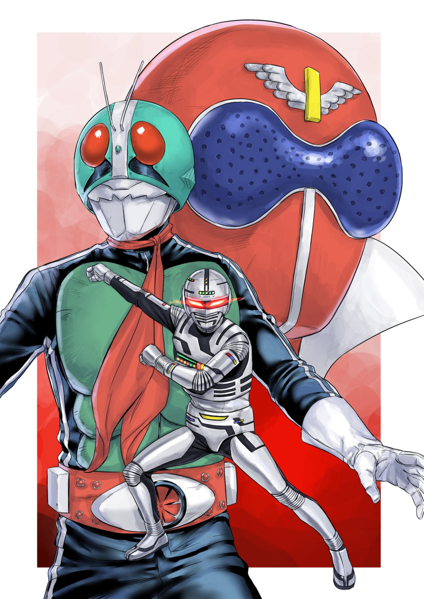 3boys, aka_ranger, armor, close-up, compound_eyes, cowboy_shot, full_body, gavan