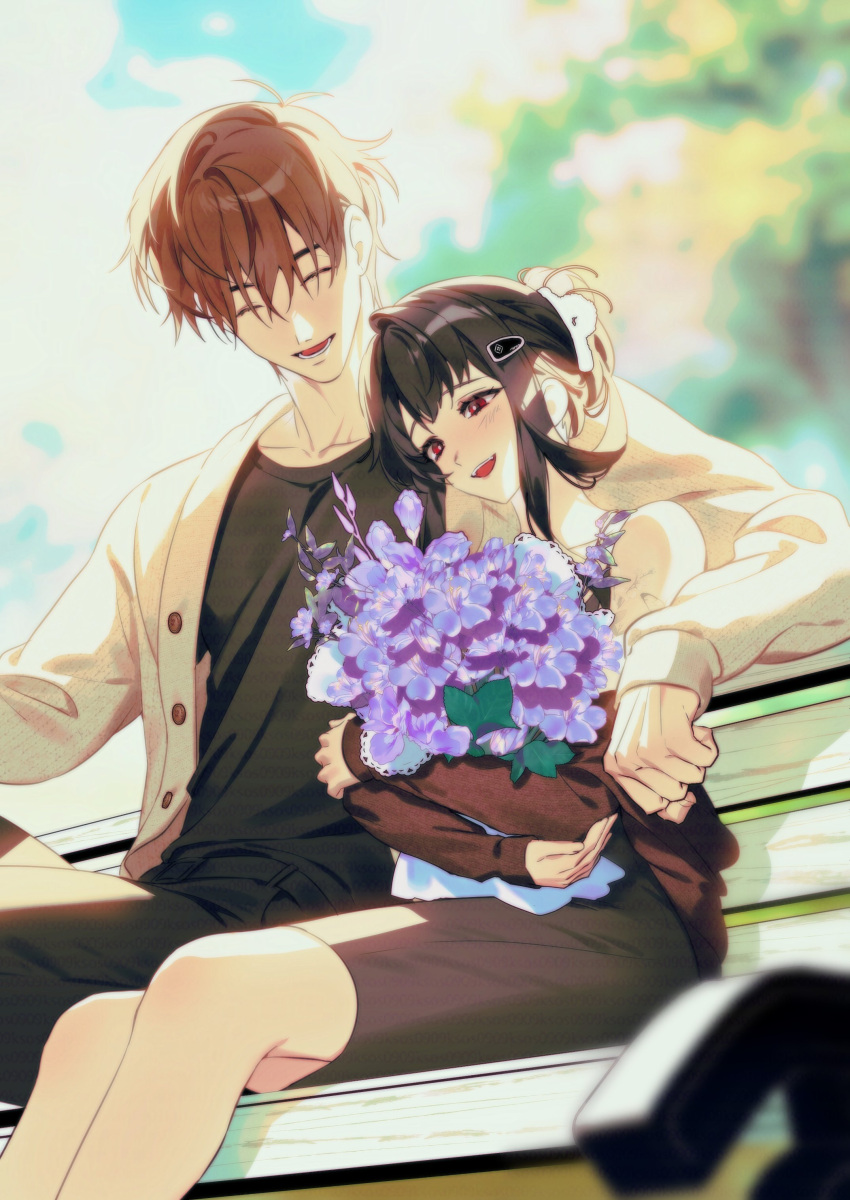 1boy, 1girl, absurdres, black_hair, bouquet, brown_hair, commander_(nikke), d_(killer_wife)_(nikke), d_(nikke), dongtan_dress, dress, flower, goddess_of_victory:_nikke, grey_dress, highres, holding, holding_bouquet, korean_commentary, laejjo, official_alternate_costume, purple_flower, shirt, smile