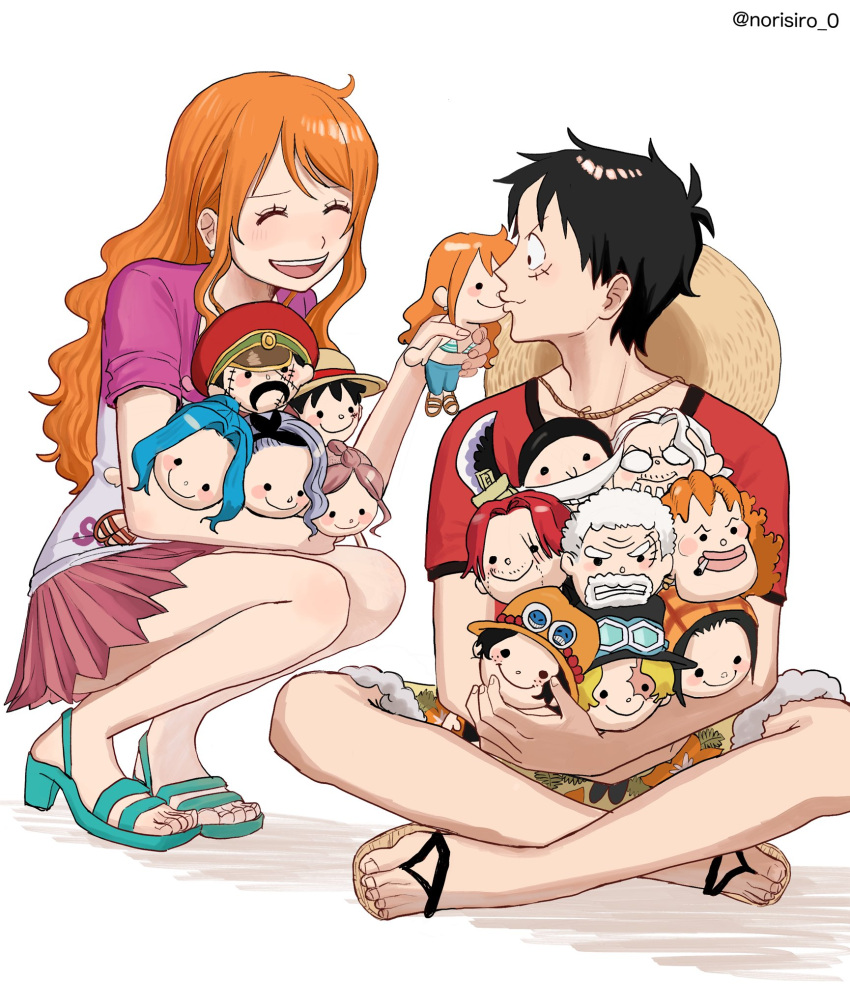 1boy, 1girl, aqua_sandals, bare_arms, bare_legs, bellemere, black_hair, blush