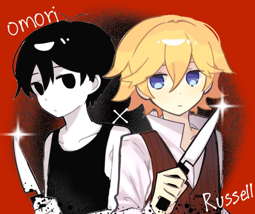 2boys, antenna_hair, back-to-back, black_background, black_eyes, black_hair, black_tank_top, blonde_hair