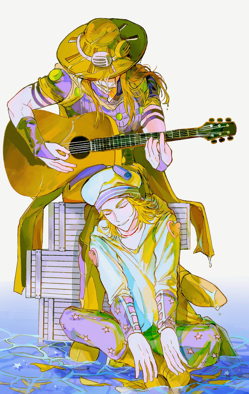1_22sssam, 2boys, absurdres, acoustic_guitar, american_flag, american_flag_print, beard, blonde_hair