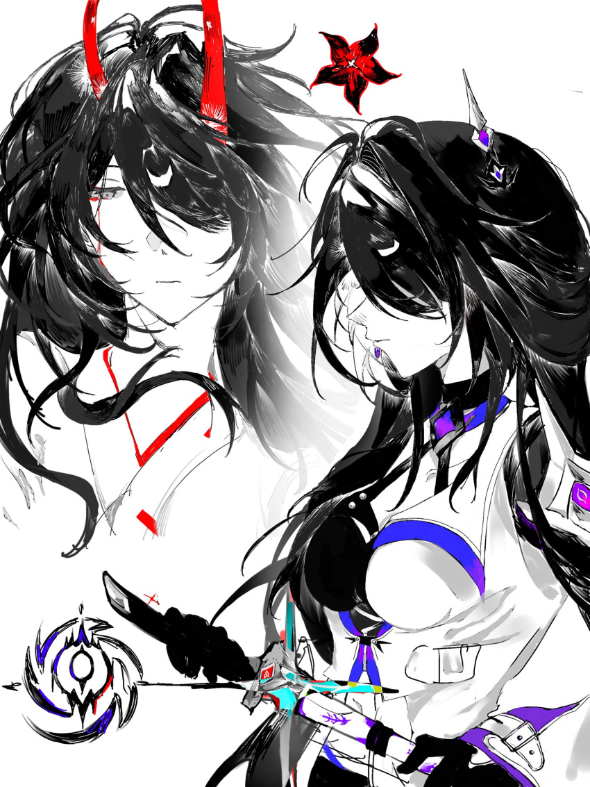 1girl, acheron_(honkai:_star_rail), acheron_(izumo)_(honkai:_star_rail), black_gloves, black_hair, buckle, flower, from_side