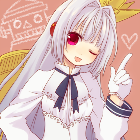 1girl, android, blue_ribbon, breasts, briking_rx1_alma, corset, crown, dress, emil_chronicle_online, floating, floating_object, gloves, heart, long_hair, lowres, neck_ribbon, one_eye_closed, orange_background, pointing, pointing_up, ribbon, robot_ears, small_breasts, solo, spoken_heart, tarou_4, violet_eyes, white_corset, white_dress, white_gloves, white_hair